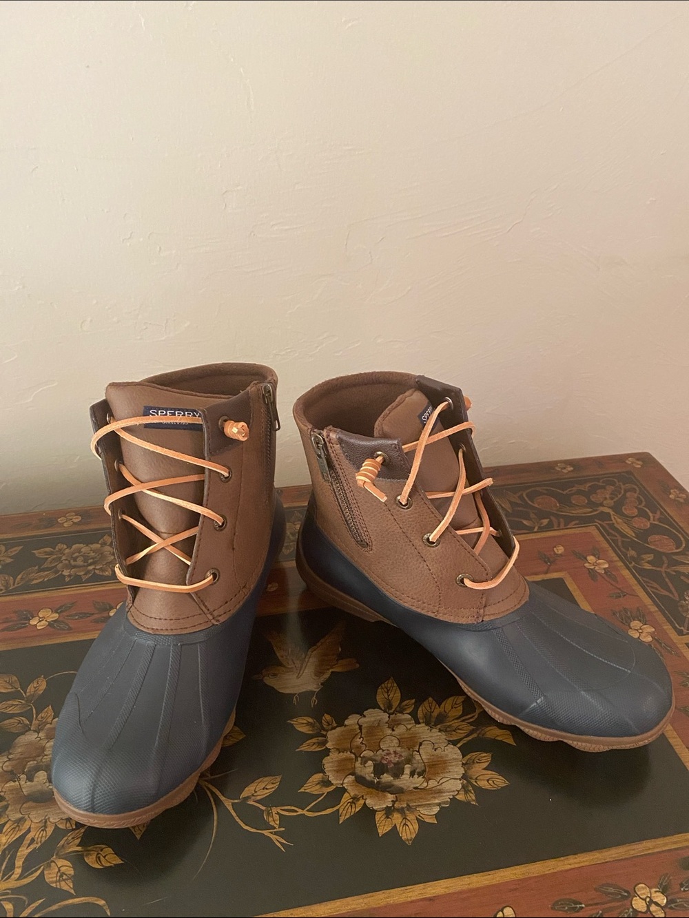 Sperry Brown Leather and Gray Waterproof Duck Boots with Tan Laces